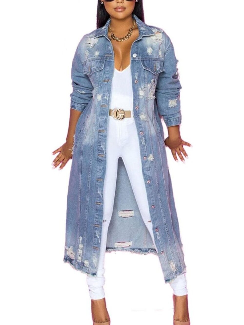Stylish Women's Distressed Ripped Long Blue Denim Trench Jacket Coat